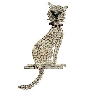 Silver Tone Clear Rhinestone Green Eye Red Collar Cat Brooch K54